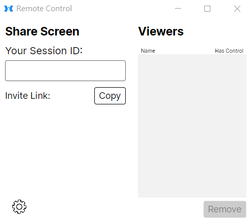 远程控制软件界面,显示会话ID输入框和观众列表,包含名称和控制权限信息。